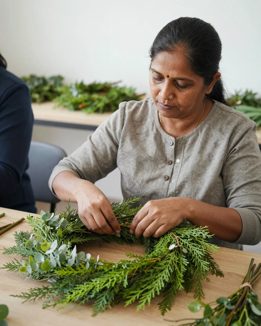 South Asian woman in her forties assembles a cedar and eucalyptus wreath at a wooden workshop table