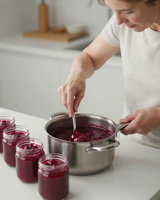 A mature woman ladles cooked strawberry jam from a pot into waiting glass jars on a kitchen counter.