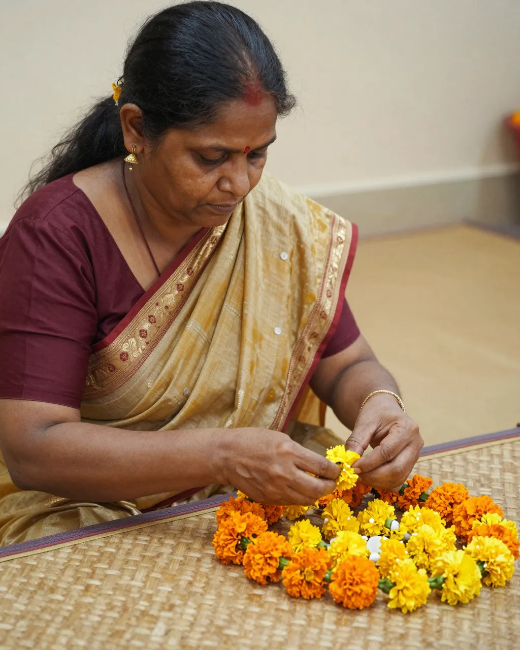 South Asian woman in a sari threads marigold flowers into a garland on a woven mat