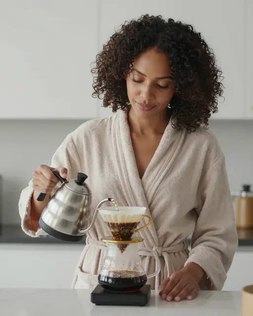 A woman in a bathrobe pours hot water from a kettle into a pour-over coffee maker in a bright kitchen.