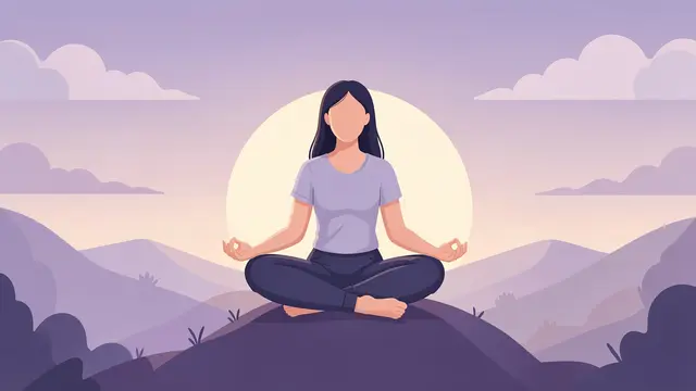 A faceless woman sits cross-legged meditating on a hilltop against a soft lavender sunrise landscape