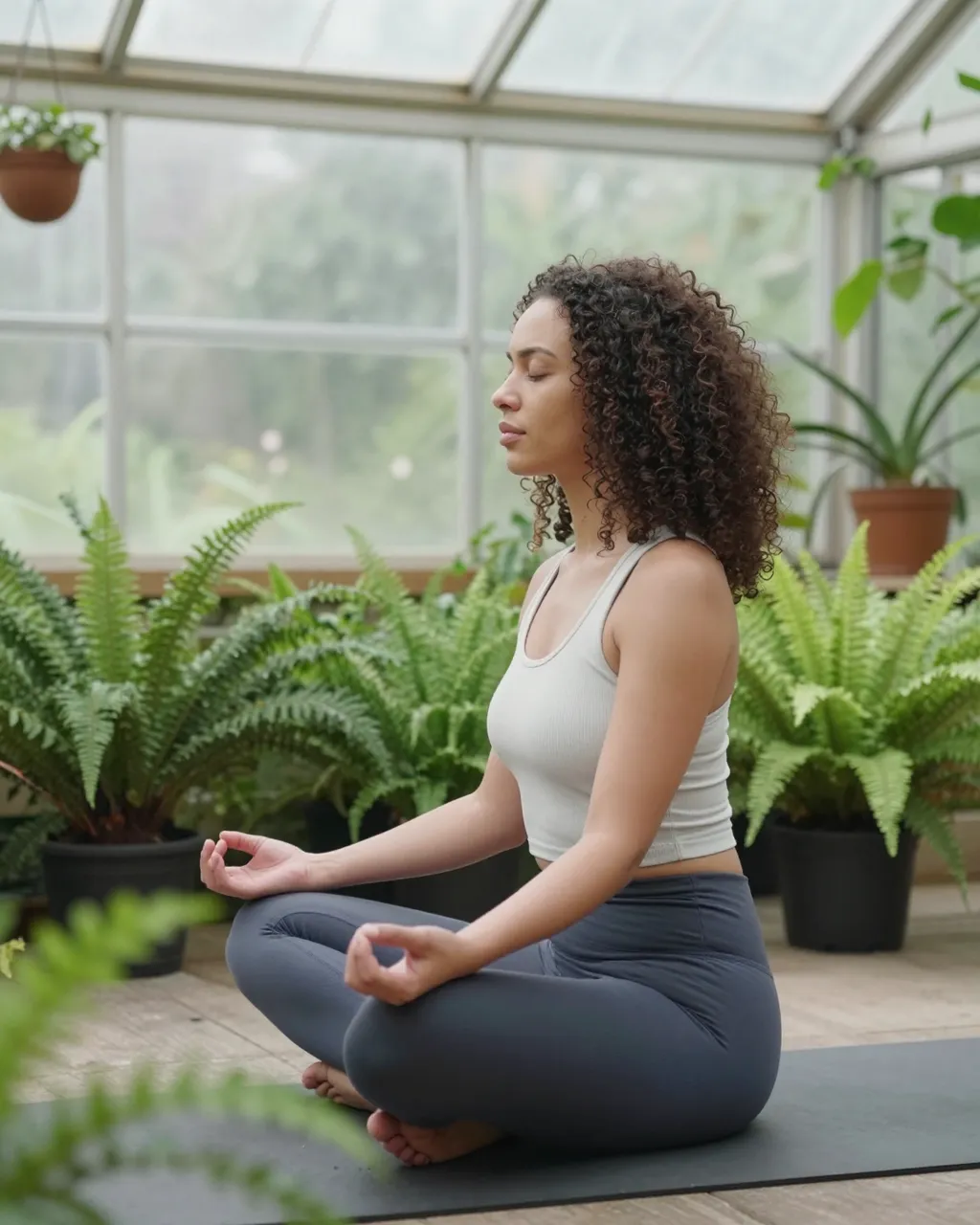 Side view of a mixed-race woman meditating cross-legged on a yoga mat among potted ferns in a sunlit glass greenhouse