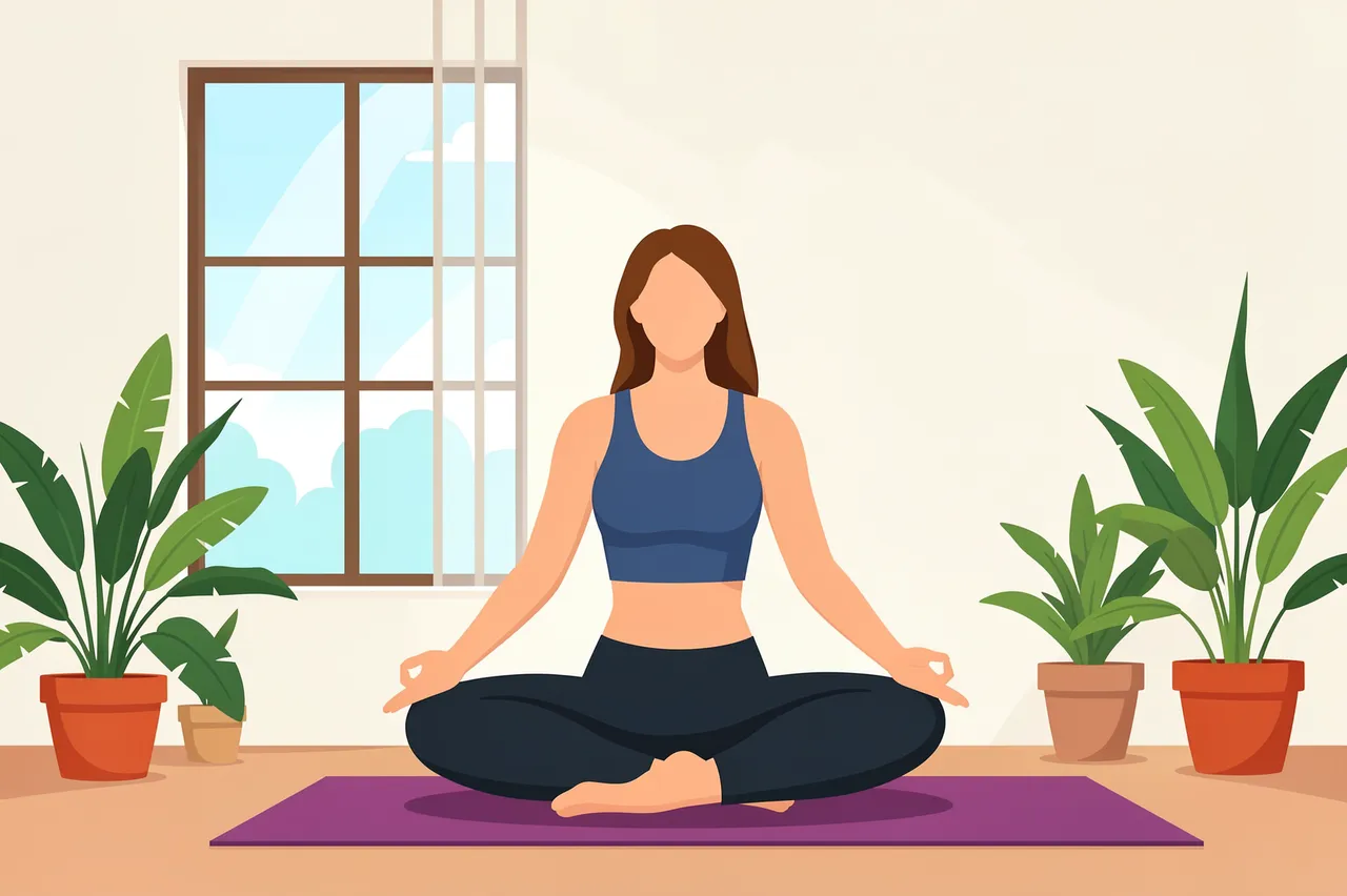 A faceless woman sits cross-legged in meditation pose on a yoga mat beside a window and potted houseplants.