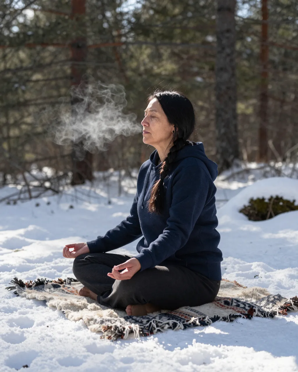 A woman meditates cross-legged on a wool blanket in a snowy forest clearing with visible cold breath.