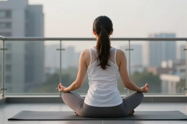 Back view of a woman sitting cross-legged meditating on a balcony mat overlooking a city at dawn
