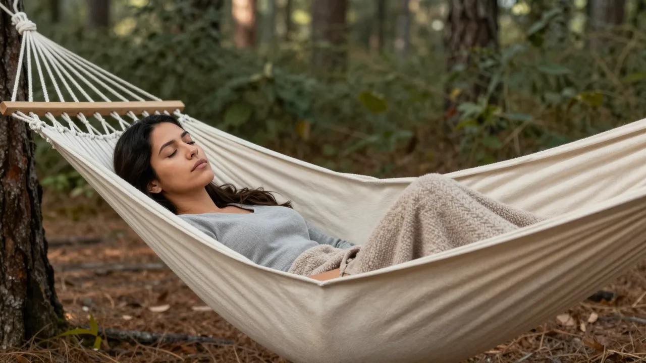 A Latina woman in her thirties naps peacefully in a cream hammock strung between pines, with a blanket over her legs