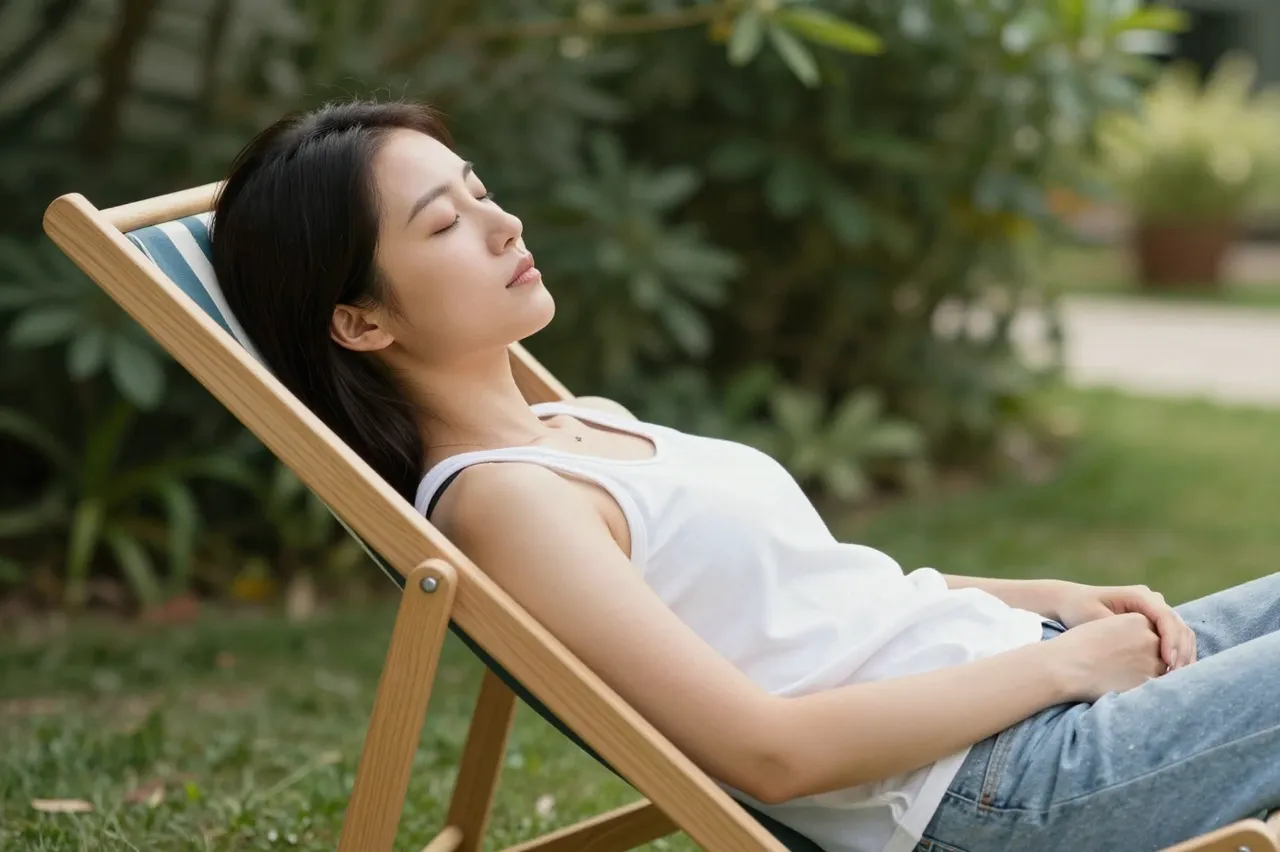 A woman with closed eyes rests napping in a wooden deck chair in a shaded green garden.