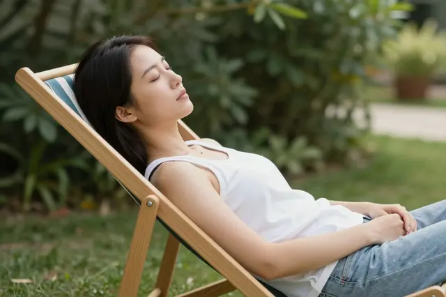 A woman with closed eyes rests napping in a wooden deck chair in a shaded green garden.