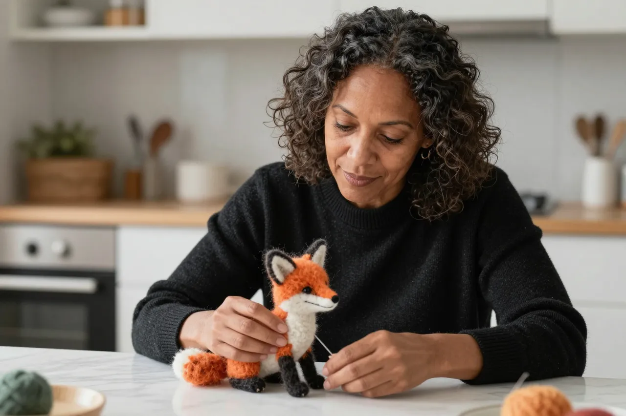 A mixed-race woman in her fifties works on a small needle felted fox at a bright kitchen table.