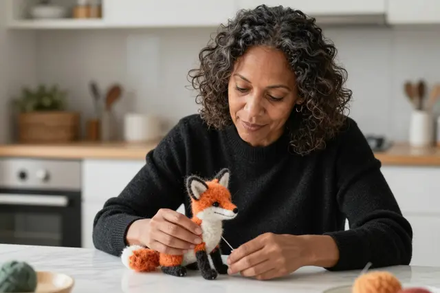 A mixed-race woman in her fifties works on a small needle felted fox at a bright kitchen table.