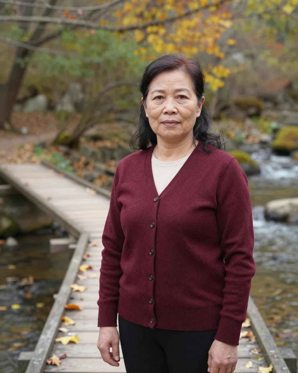 Middle aged Southeast Asian woman in a burgundy cardigan stands on a wooden footbridge over an autumn stream