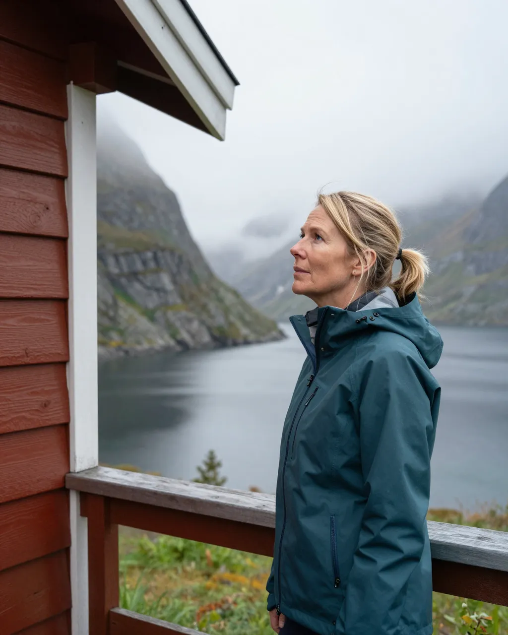 A woman in a teal rain jacket stands on a wooden cabin porch looking out at a misty fjord