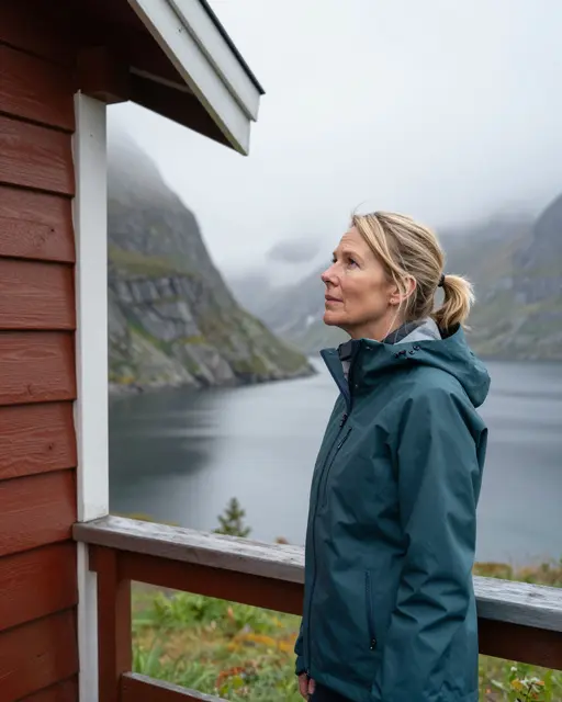 A woman in a teal rain jacket stands on a wooden cabin porch looking out at a misty fjord