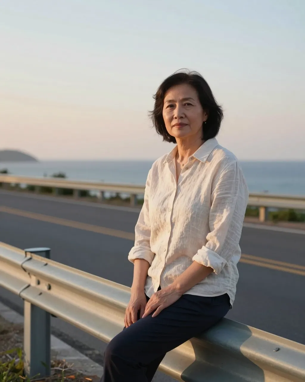 A mature East Asian woman in a linen shirt sits on a metal guardrail beside a coastal road at golden sunset
