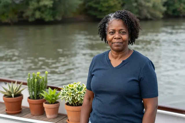 A middle-aged Black woman stands on a potted plant lined houseboat deck beside a calm tree-lined river