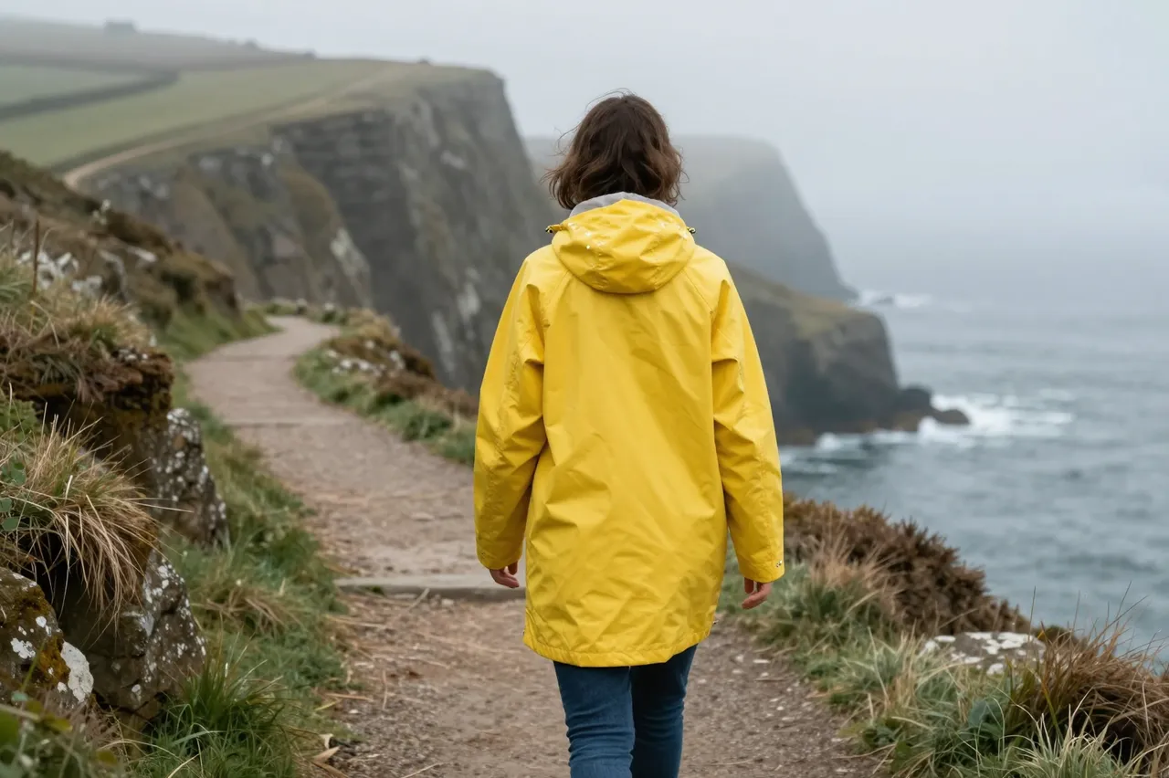 A woman in a bright yellow raincoat walks away from the camera along a foggy coastal cliff path overlooking the ocean