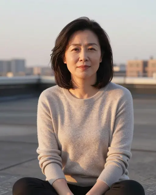 Middle aged East Asian woman sits on a city rooftop in soft golden sunset light