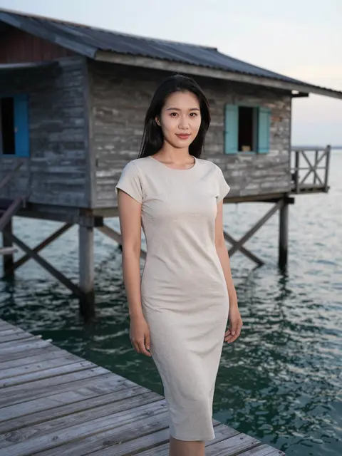 Southeast Asian woman in a plain beige dress stands on a wooden stilt cabin deck over calm lagoon water at dawn