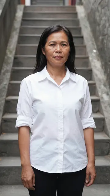 Middle aged Southeast Asian woman in a white shirt stands on a narrow stone stairway looking at the camera