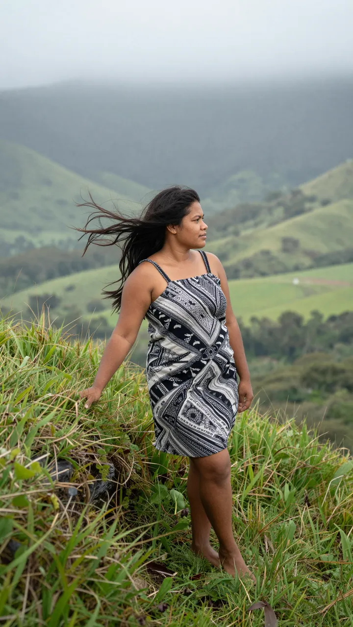 Pacific Islander woman stands barefoot on a grassy ridge as wind blows her hair above a misty valley