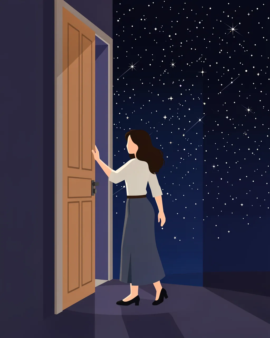 Faceless woman opens a wooden door revealing a vast starry night sky beyond the room
