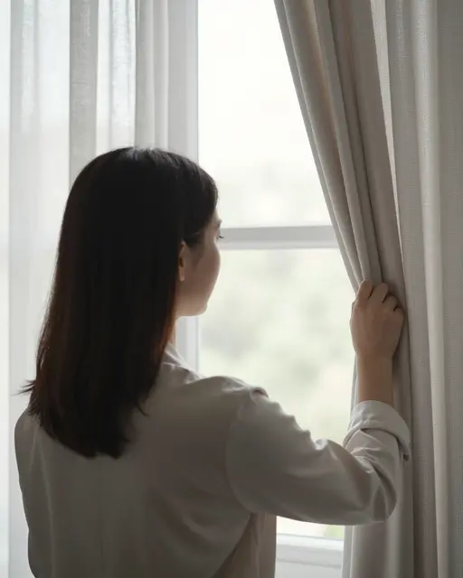 A woman seen from behind holds back curtains to look out a sunlit window.