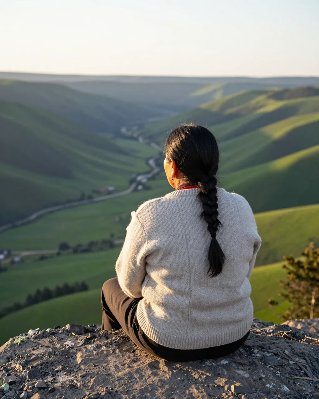 A woman viewed from behind sits on a rock admiring a rolling green valley at sunrise