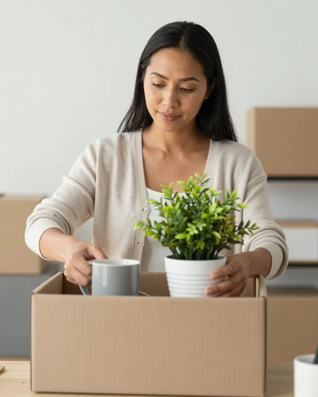 A Pacific Islander woman packs a potted plant and mug into a cardboard box on a desk.