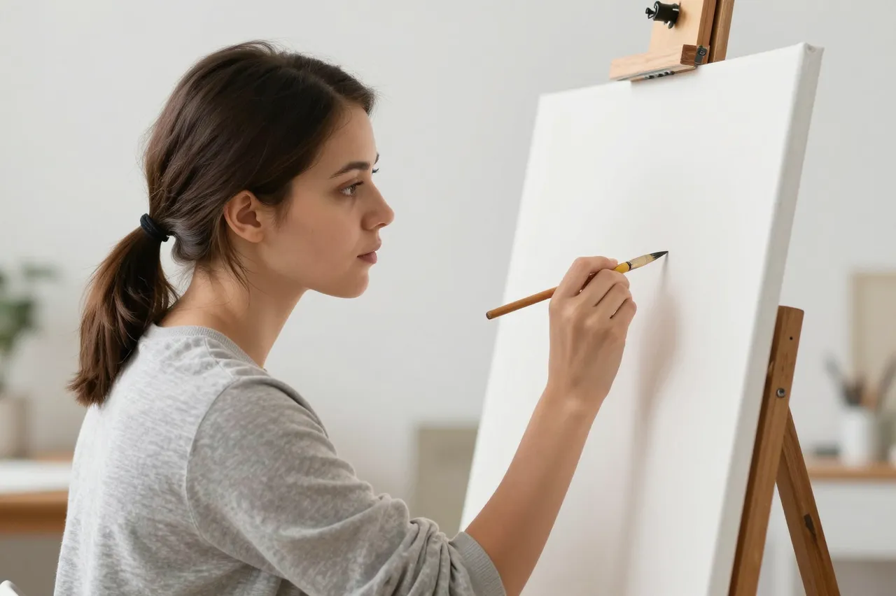 A woman with a ponytail holds a paintbrush up to a blank canvas on an easel in a sunlit studio