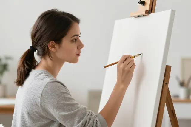 A woman with a ponytail holds a paintbrush up to a blank canvas on an easel in a sunlit studio