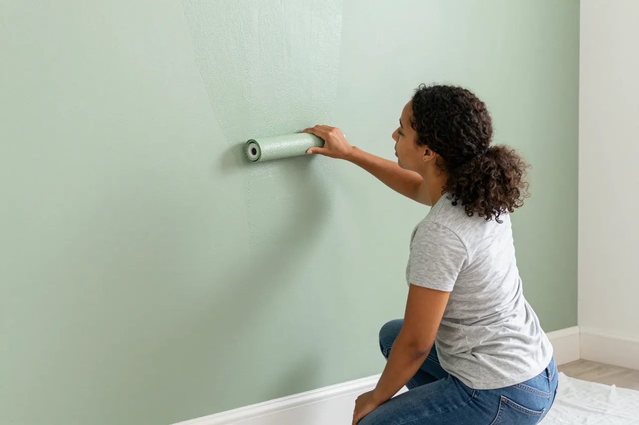 A mixed-race woman kneels to roll sage green paint onto a living room wall with a paint roller.
