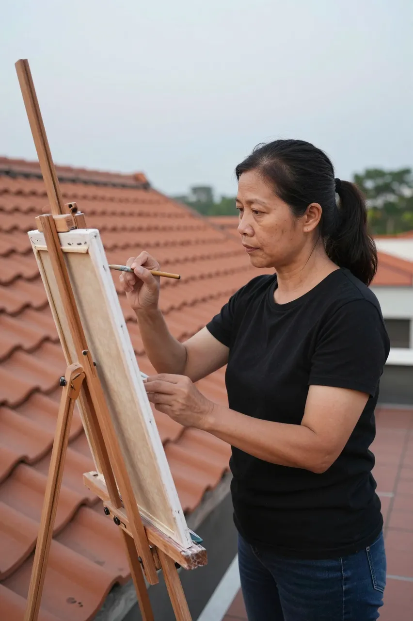 Mature Southeast Asian woman paints at a wooden easel on a rooftop terrace at dusk