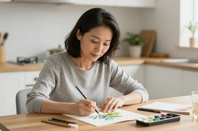 Middle aged East Asian woman paints watercolor artwork at a wooden kitchen table in soft afternoon light