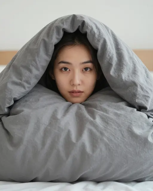 A young Southeast Asian woman peeks out from under a gray duvet in a bed on a quiet morning.