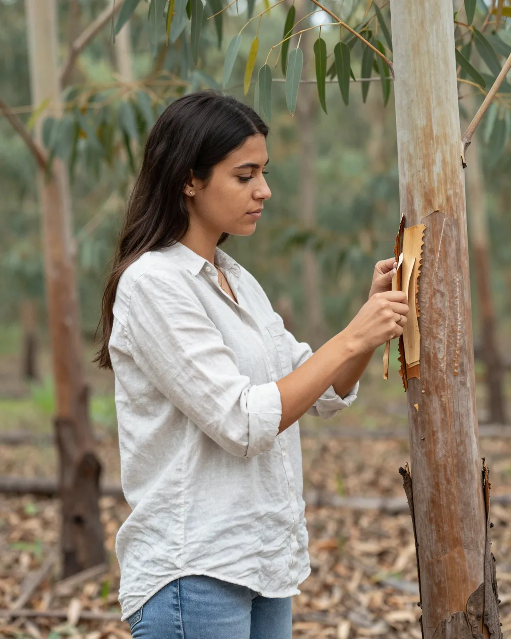 A side view of a woman in a linen shirt peeling bark from a eucalyptus tree in a forest grove