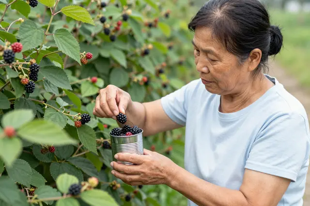 A senior Southeast Asian woman picks ripe blackberries into a tin cup from a berry bush hedgerow.