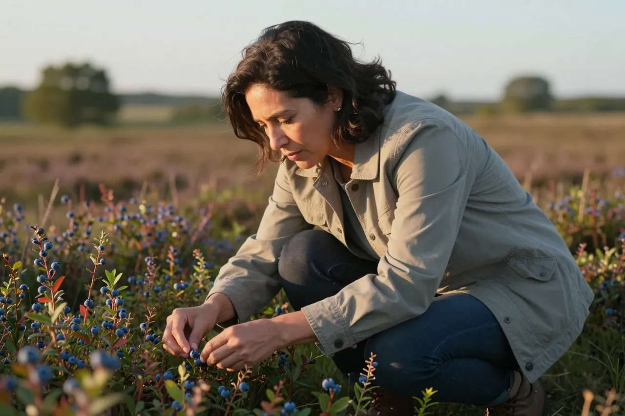 A woman in her forties crouches to pick wild blueberries on a heath during warm golden hour light