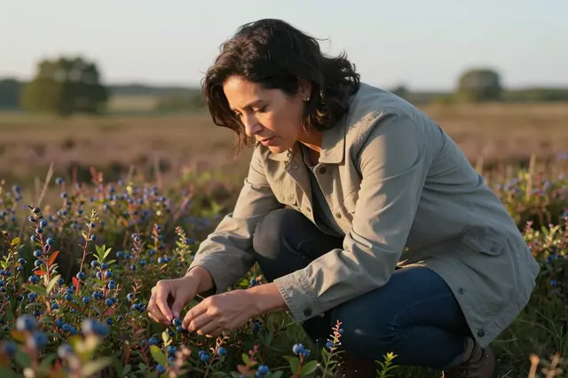 A woman in her forties crouches to pick wild blueberries on a heath during warm golden hour light