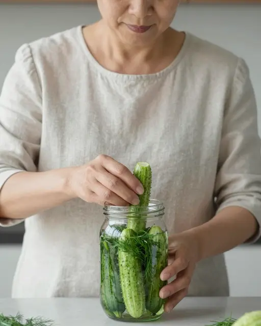 A middle aged East Asian woman places a cucumber into a glass pickling jar with dill