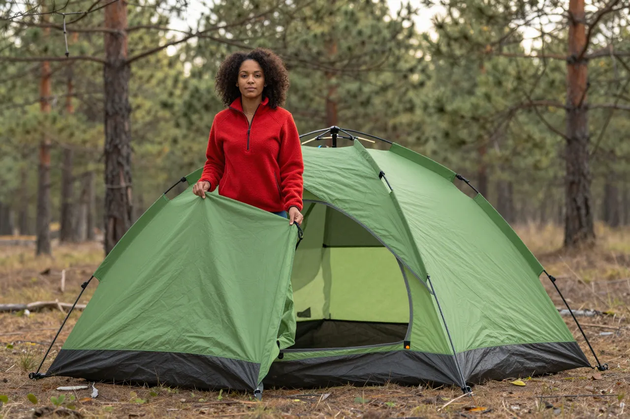 Mixed-race woman in a red fleece adjusts a green tent in a sunlit pine forest clearing