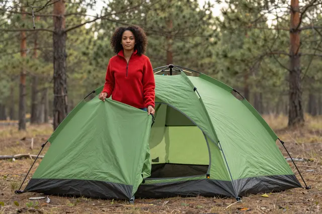 Mixed-race woman in a red fleece adjusts a green tent in a sunlit pine forest clearing