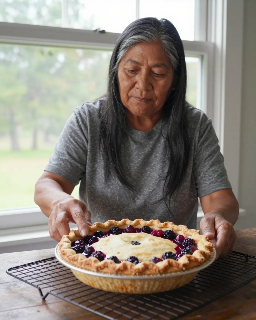 An older Indigenous woman sets a freshly baked berry pie on a wire cooling rack by a sunny window.