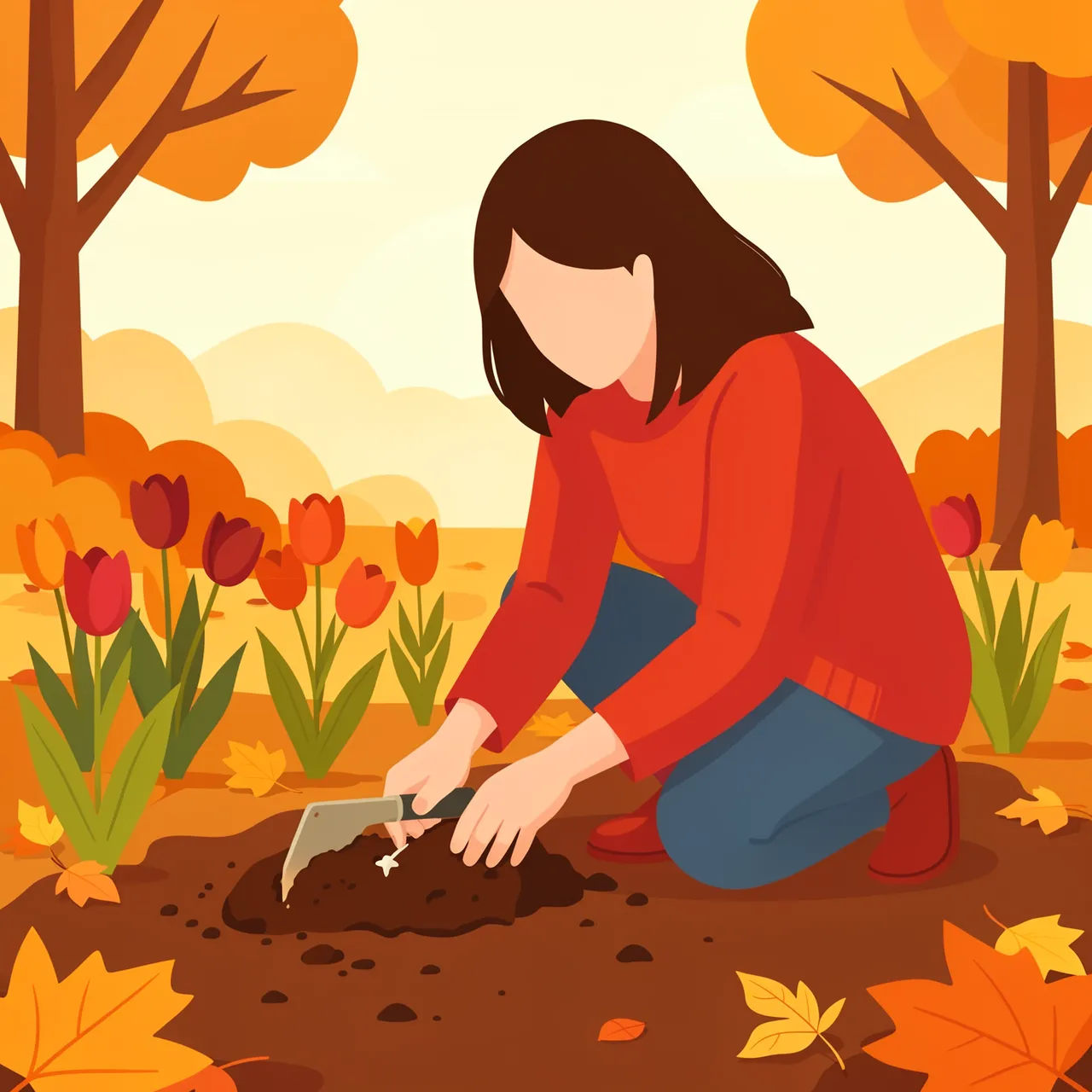 Faceless woman kneels in autumn soil planting tulip bulbs in a warm fall garden