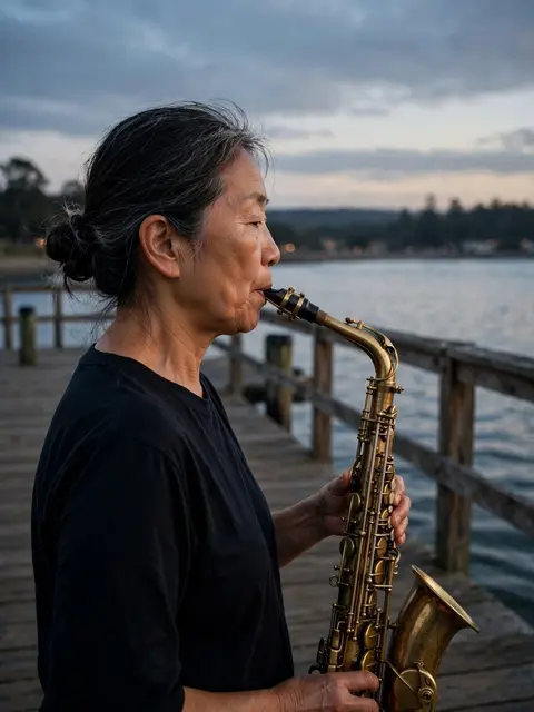Side view of an older East Asian woman playing a brass saxophone while standing on a wooden pier at calm dusk