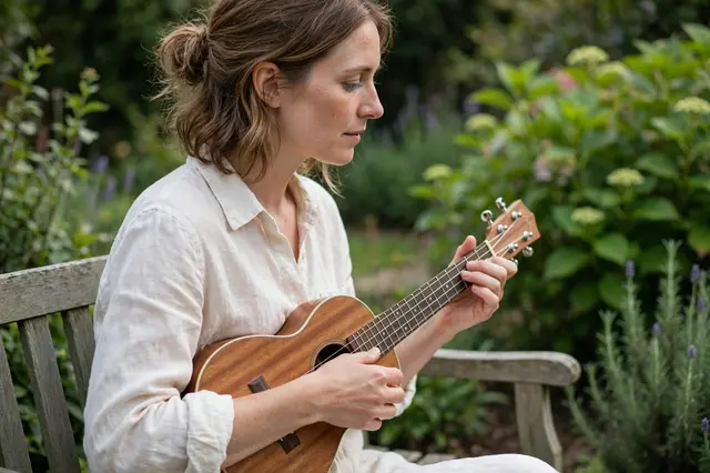 Side view of a woman in a linen shirt playing ukulele while seated on a wooden garden bench
