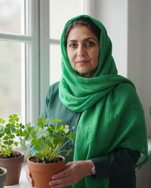 Middle Eastern woman in a green scarf holds a potted shamrock plant next to a sunny windowsill