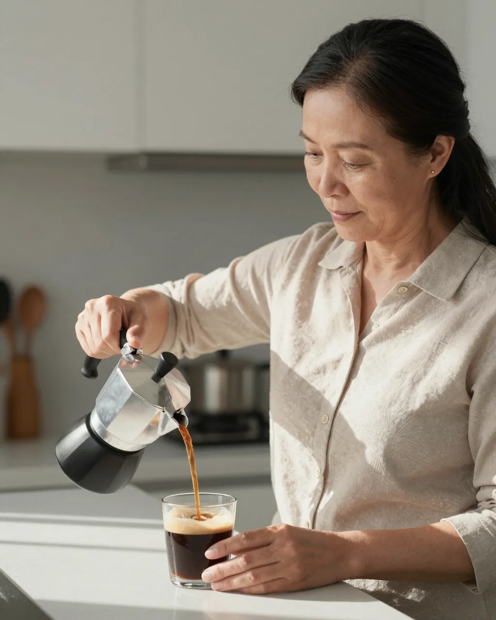 A mature Southeast Asian woman pours coffee from a moka pot into a glass in a sunlit kitchen