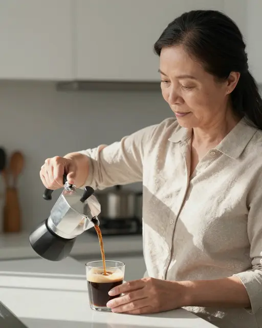 A mature Southeast Asian woman pours coffee from a moka pot into a glass in a sunlit kitchen