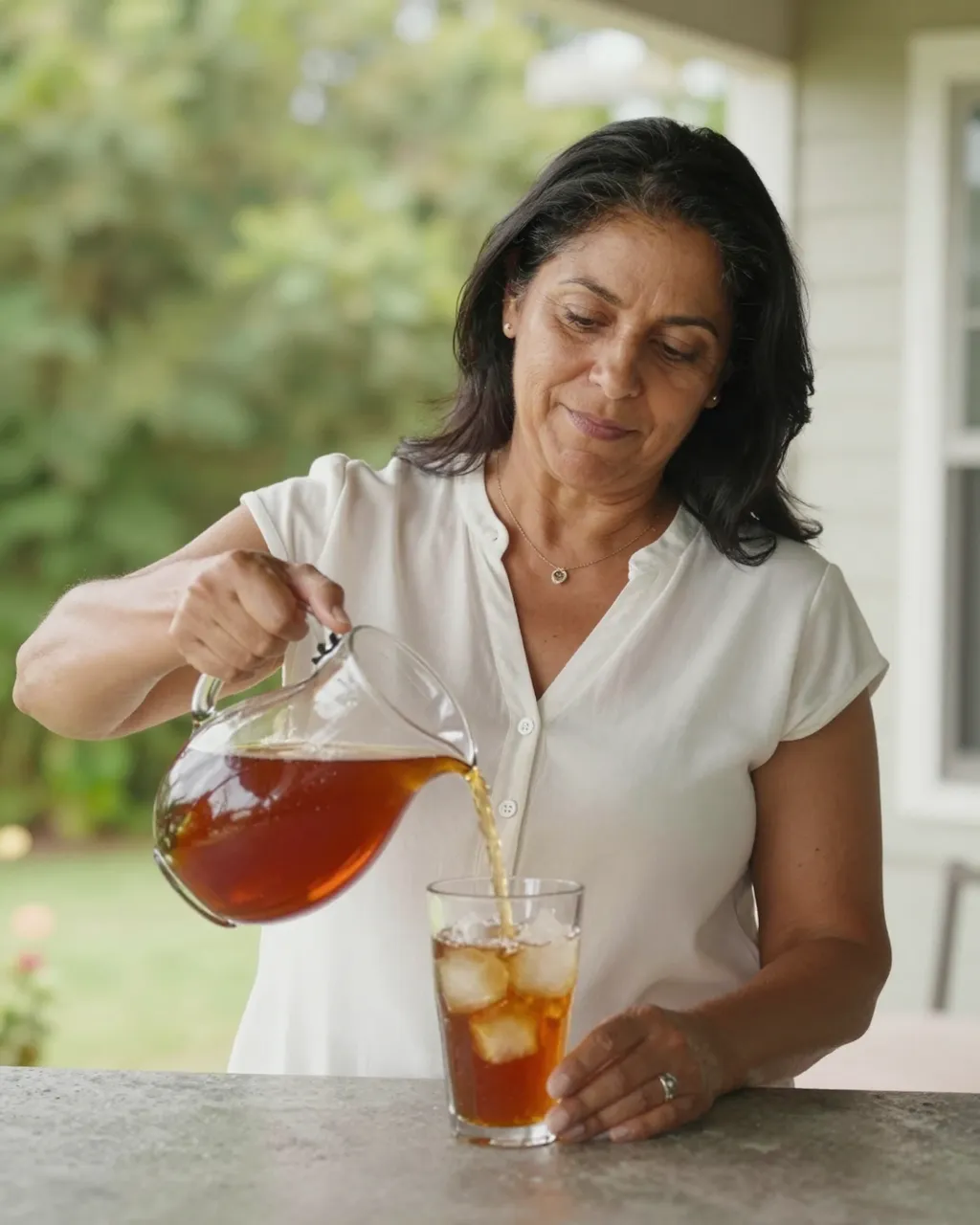 A middle aged Latina woman pours iced tea from a glass pitcher into an iced glass on a sunny home porch.
