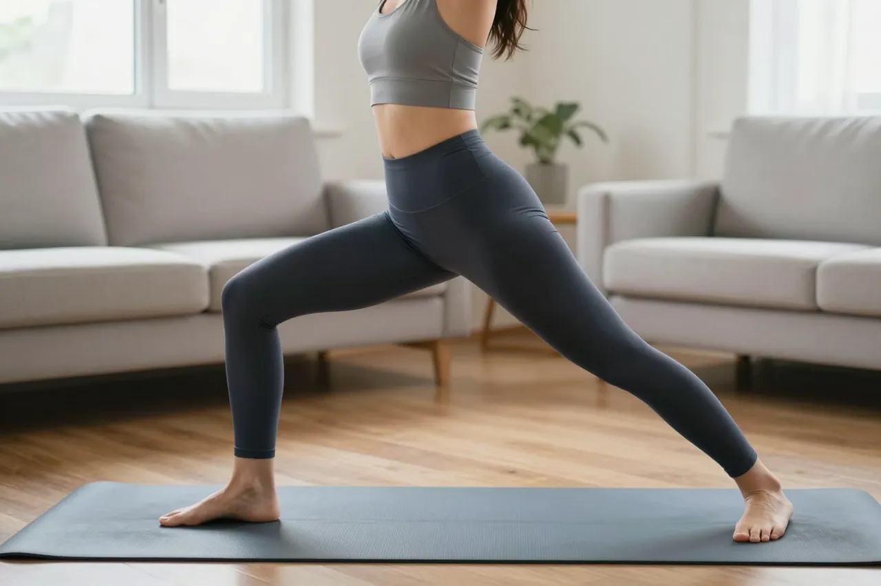 A woman in activewear holds a yoga warrior pose on a mat in a bright living room